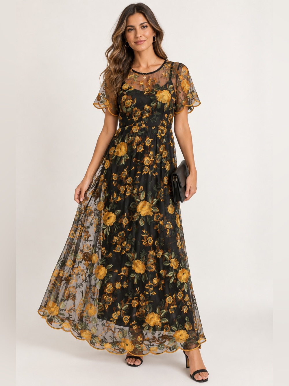 NWT XL Black Floral Embroidered Mesh Maxi Dress
